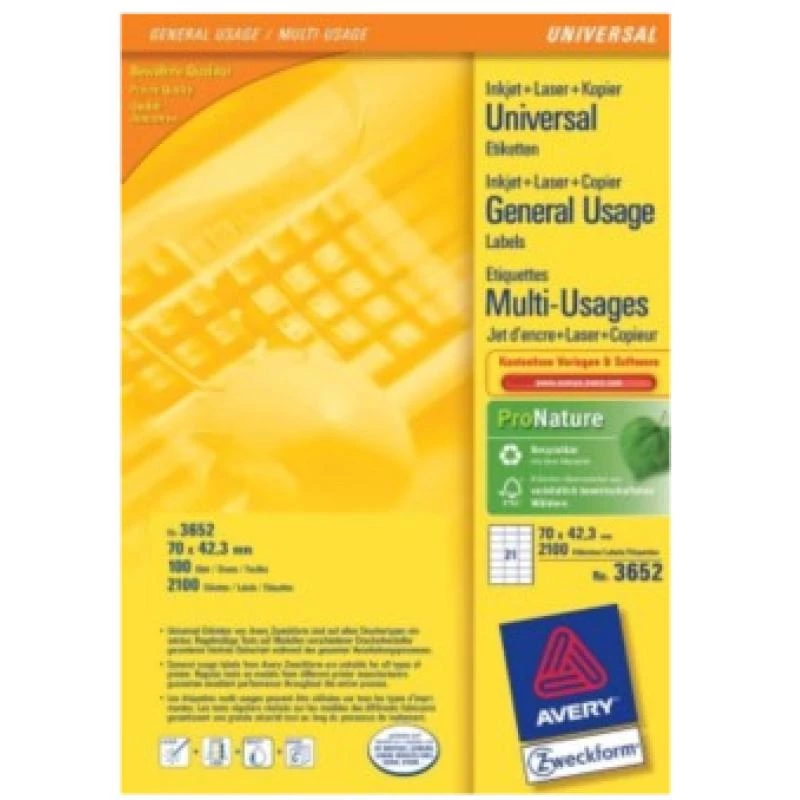 Avery etiketės – baltos – 42,3 x 70 mm – 2100 etikečių (100 lapų x 21) (3652)