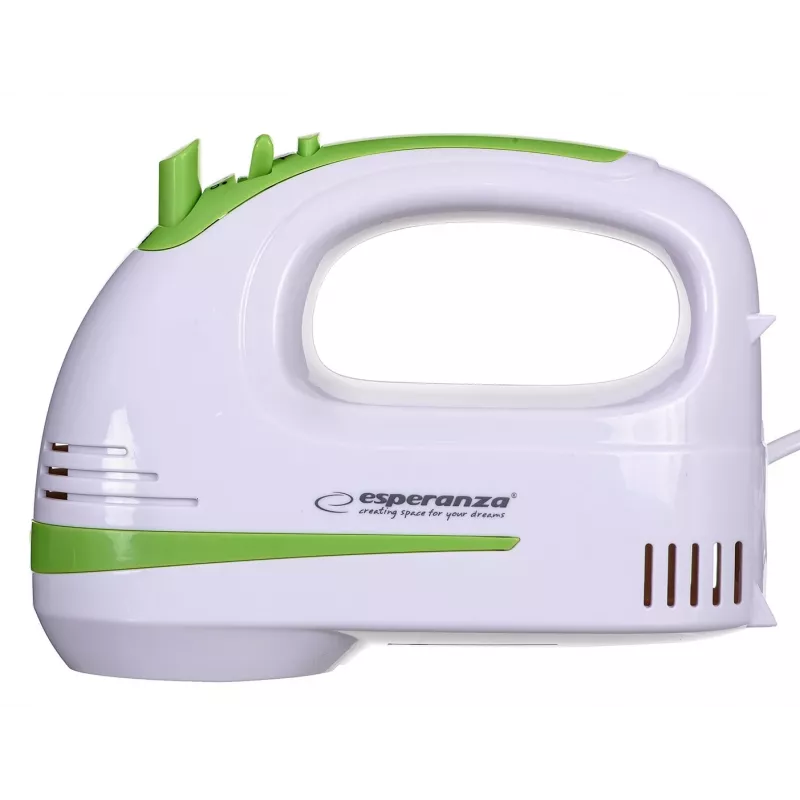 Rankinis plaktuvas ESPERANZA EKM011 — 400 W, 5 greičių, turbo, tešlos kabliukai ir plaktuvai, 220–240 V, baltas/šviesiai žalias