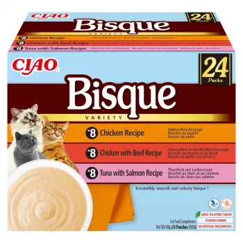 INABA Ciao Bisque kreminė sriuba skanėstai katėms, su vištiena, jautiena ir žuvimi, 24 x 40 g