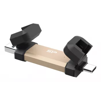 „Silicon Power DS72“ 1 TB nešiojamas SSD, USB 3.2 Gen 2, Type-C ir Type-A, aliuminio/gumos dangtelis, auksinė spalva