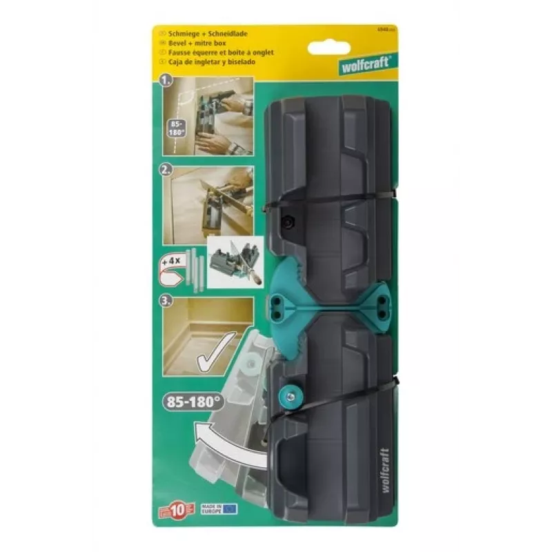 Nuolaidų ir kampų pjovimo dėžė Wolfcraft 6948200 – kampų matuoklis, 85–180°, lentoms iki 3 cm, juoda