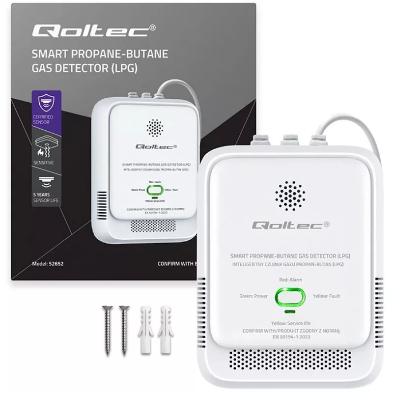 Dujų nuotėkio detektorius QOLTEC 52652 – propano/butano (LPG) jutiklis, 85 dB signalas, LED indikatorius