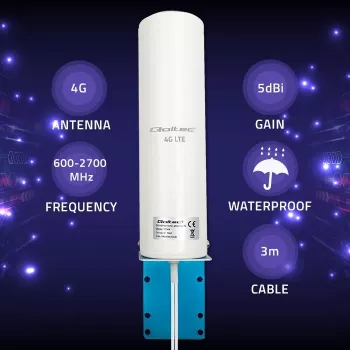 Outdoor omnidirectional 4G LTE antena QOLTEC 57044, 5 dBi, 600–2700 MHz, 50 W, 50 Ω, baltas varinis korpusas