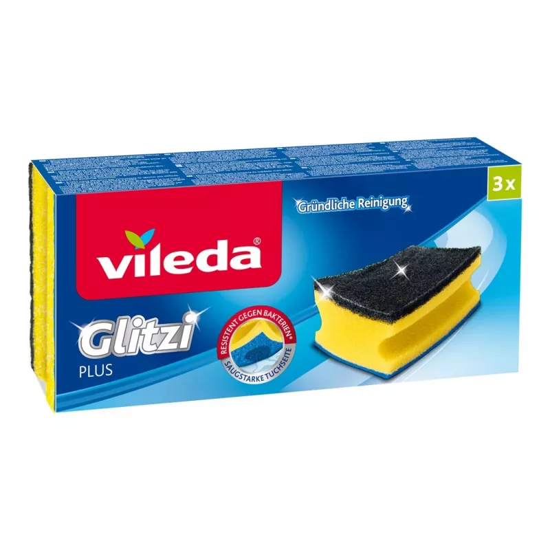 Kempinė VILEDA stačiakampė pluoštinė, rankų plovimui, geltona/juoda/mėlyna, 3 vnt. pakuotė
