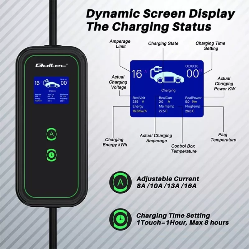 Qoltec Mobile EV Car Charger 2in1 Type2 | 3.5kW | 230V | Wi-Fi | LCD | Nešiojamas | Wallbox | 5m