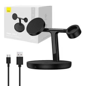 Baseus Swan 3-in-1 belaidis magnetinis įkroviklis 20W juodas (universali versija, su USB-C 3A 1m laidu)