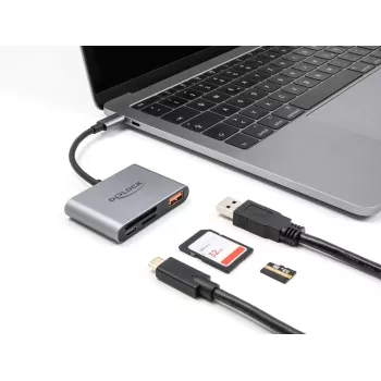 Delock 91016 USB-C kortelių skaitytuvas SD ir microSD kortelėms su USB-A prievadu ir USB-C PD