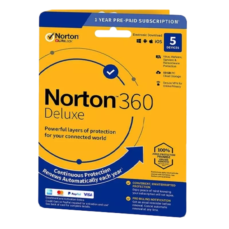 Norton 360 Deluxe | 5 Įrenginiai | 1 Metai | 50 GB Debesų Saugykla | ES | NE Prenumerata
