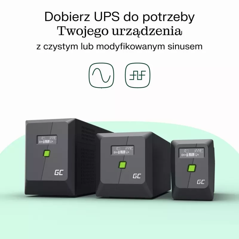 Nepertraukiamo maitinimo šaltinis Green Cell UPSLP480 0,75 kVA (480 W) 4 AC lizdai, 2×12 V 7 Ah VRLA, bokštinis, AVR