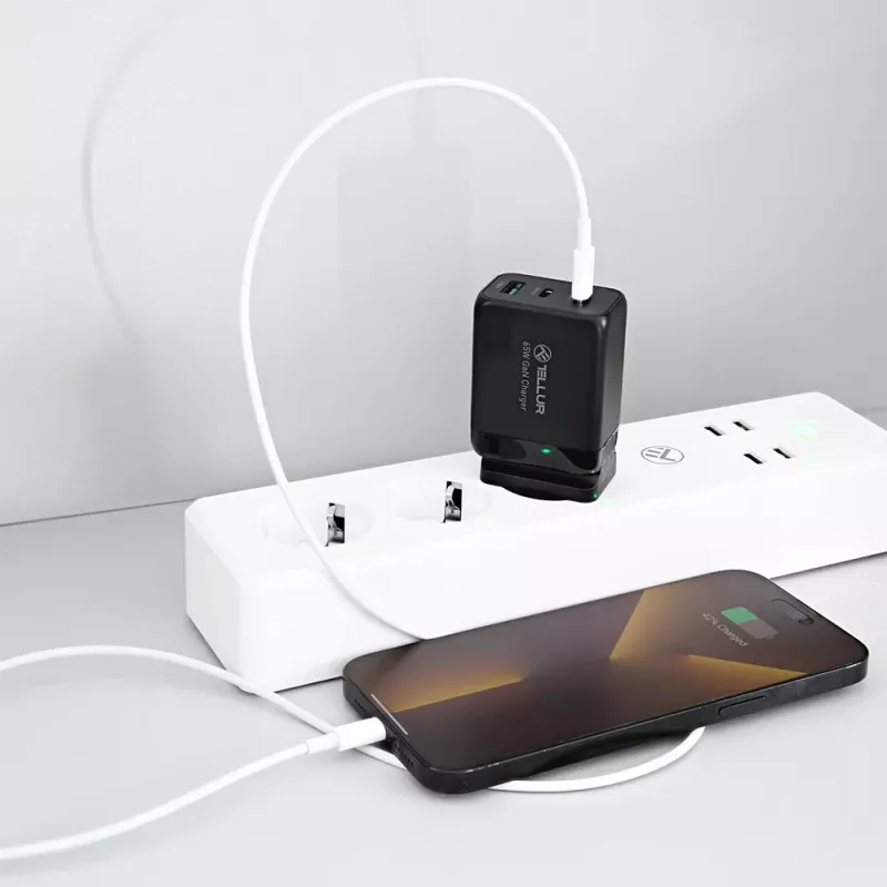 Sieninis įkroviklis Tellur TLL151451 65W, 3 prievadai (2x USB-C, 1x USB-A)