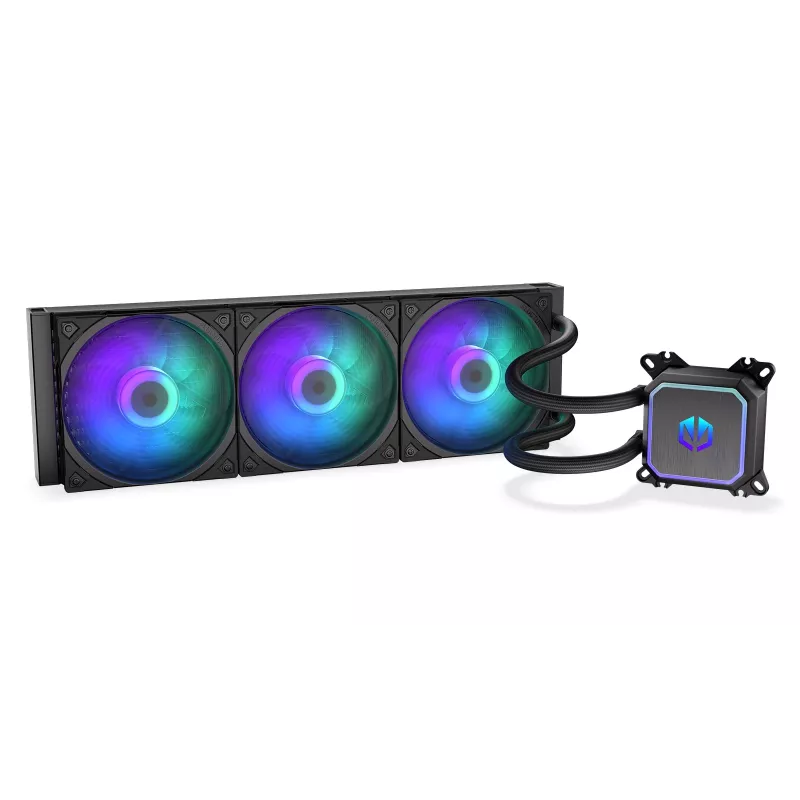 Skysčio aušintuvas ENDORFY Navis F360 ARGB Juodas – 360 mm radiatorius, 3x 120×25 mm ventiliatoriai, 250–1800 RPM, siurblys 1600–2600 RPM, LGA 1700/AM5/AM4