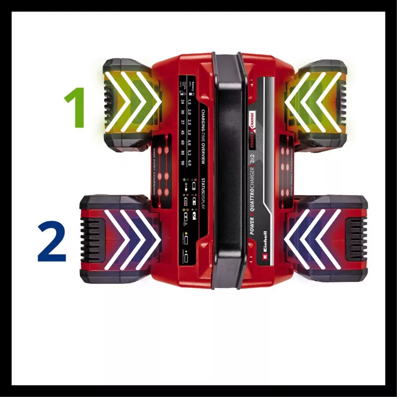 EINHELL Power X-Quattrocharger 4A – universalus Power X-Change įkroviklis 4 akumuliatoriams (LED būsenos indikacija, lygiagretus įkrovimas, greitas įkrovimas, įkrovimo valdymas)