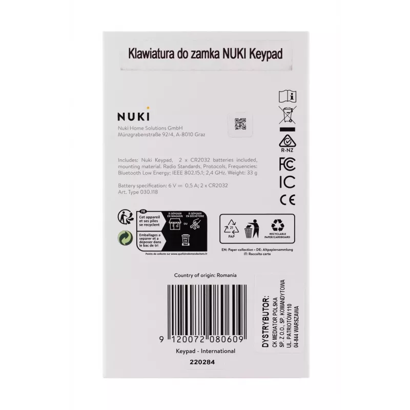 Išmanus durų spynos modulis NUKI Bluetooth 5.0 IP65 kodinis užraktas CR2032 baterijos