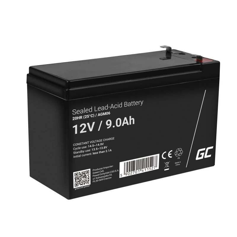 UPS baterija Green Cell AGM06 — 12 V 9 Ah sandarus švino rūgšties (VRLA) 95 × 151 × 65 mm, 2,3 kg