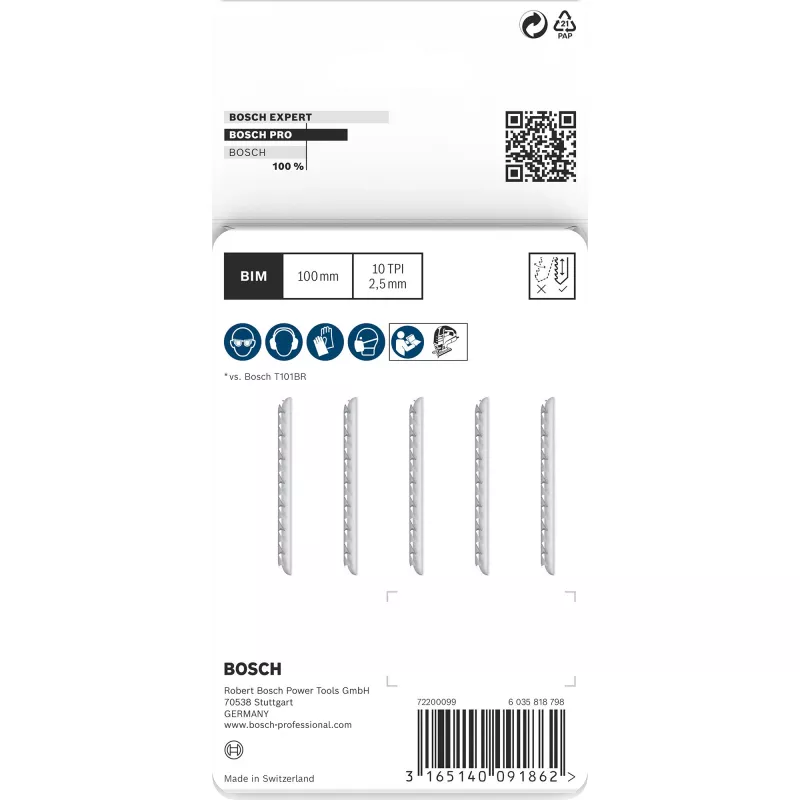 Pjūklelio ašmenys Bosch T 101 BRF Clean for Hard Wood — bimetaliniai, 2,5 mm TPI, 100 mm, 5 vnt.