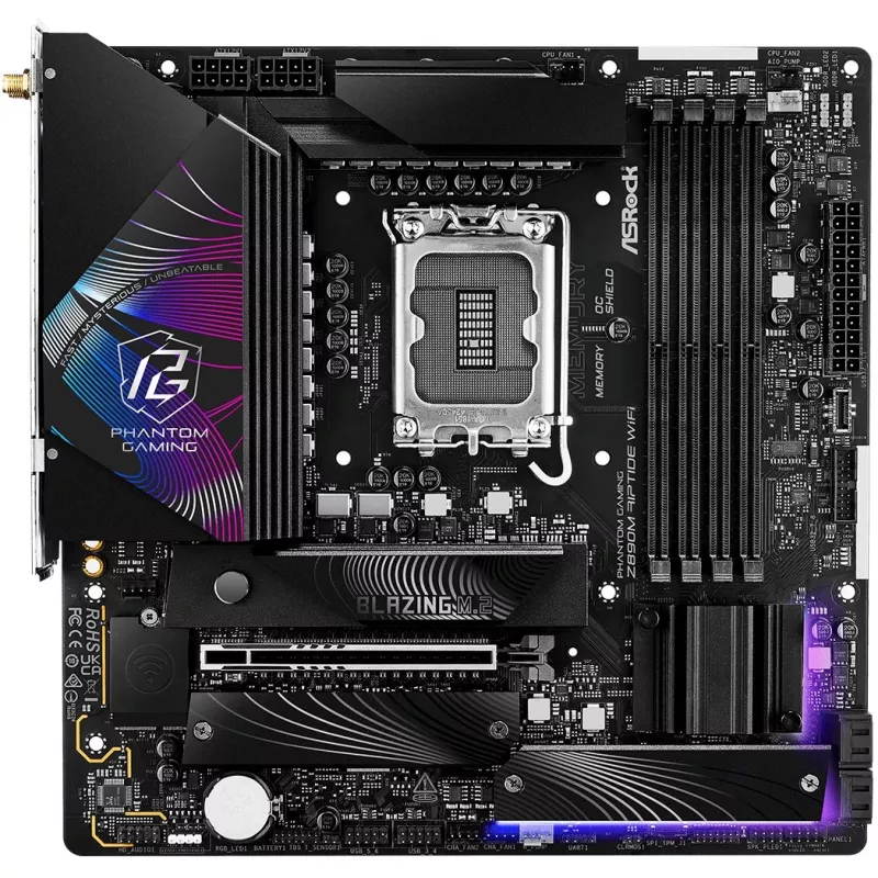 ASRock Phantom Gaming Z890M Riptide WiFi plokštė, Intel Z890, LGA1851, micro ATX, DDR5, iki 256 GB, Wi-Fi 6E, Bluetooth, 5GbE LAN, USB4