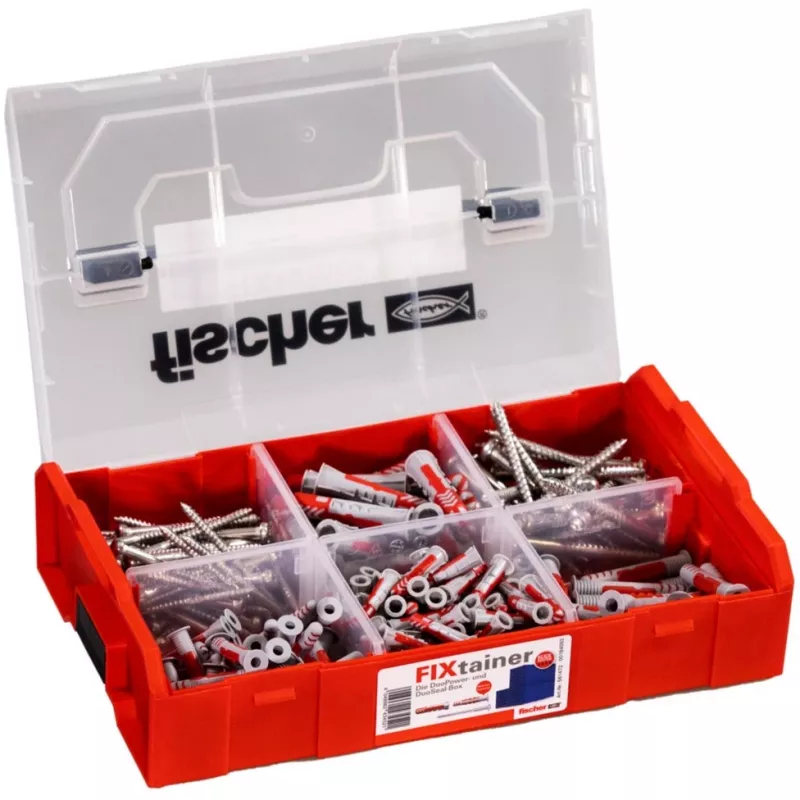 FixTainer - DUOPOWER & DUOSEAL + Varžtai, Sieninis Kaištis Šviesiai Pilka/Raudona, 275 vnt.