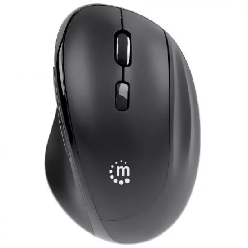 Manhattan ergonominė belaidė pelė dešinei rankai, reguliuojama 800/1200/1600 DPI, 2,4 GHz (iki 10 m), šeši mygtukai su slinkimo ratuku, kombinuotas USB-A ir USB-C imtuvas, juoda, AA baterija (įtraukta), trejų metų garantija