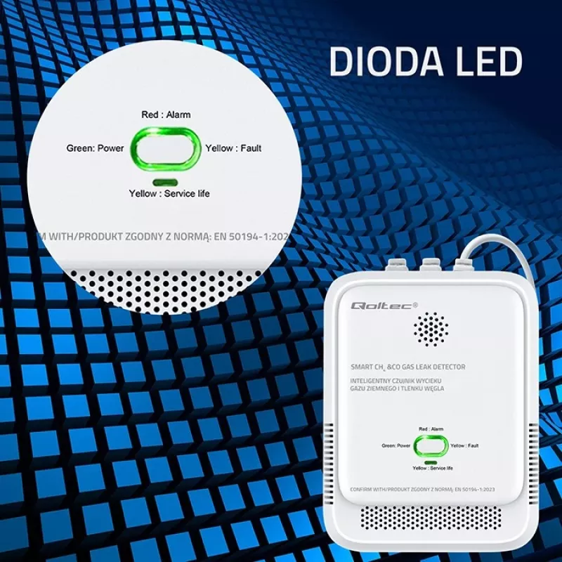 Dujų nuotėkio ir anglies monoksido detektorius su LED indikacija