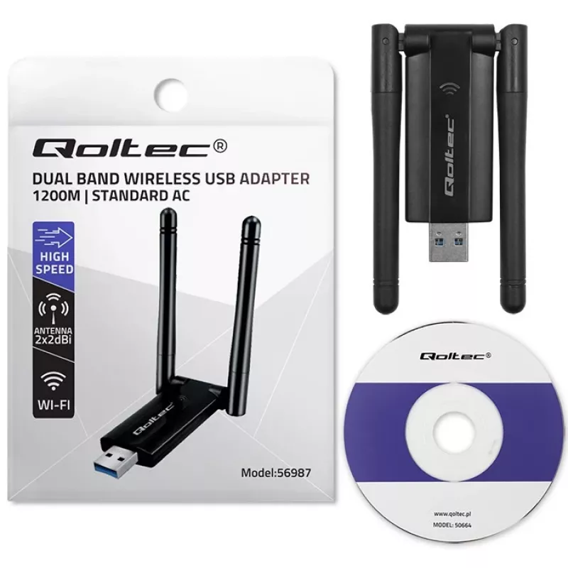 Qoltec greitas belaidis USB dvigubas Wi-Fi adapteris 2x2 dBi