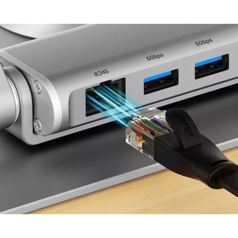 Unitek D1109B01 stovas nešiojamam kompiuteriui – aliumininis reguliuojamas stovas su nuimamu USB‑C HDMI 4K PD 100W, 2x USB‑A, RJ‑45, iki 17 colių