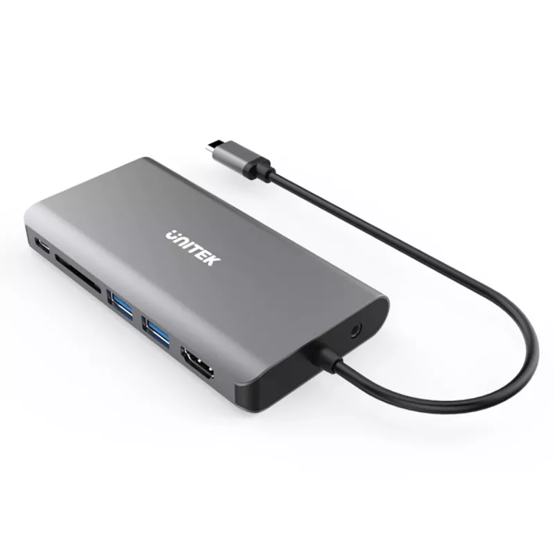 UNITEK uHUB O8+ laidinis USB 3.2 Gen 1 Type-C lizdas pilkas 100W Power Delivery