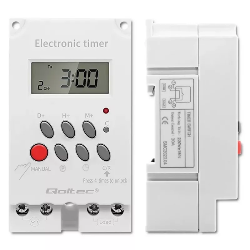 DIN bėgelio elektroninis laikmatis QOLTEC PC0629 — 24V maitinimas, 16A išėjimas