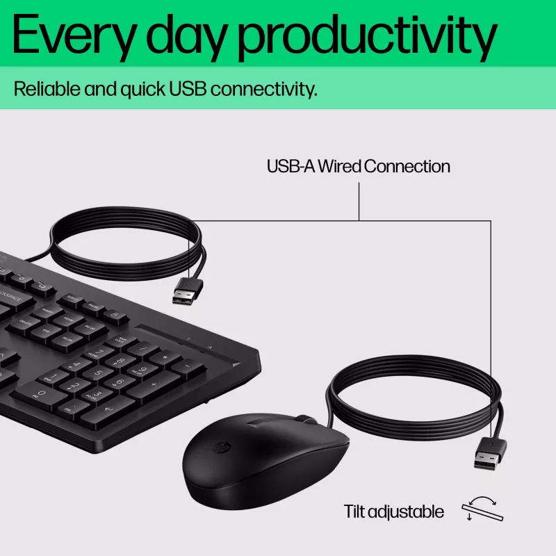 HP 225 G2 USB laidinis klaviatūros ir pelės rinkinys, Copilot klavišas, atsparus išsiliejimui - juoda - ESTONIAN