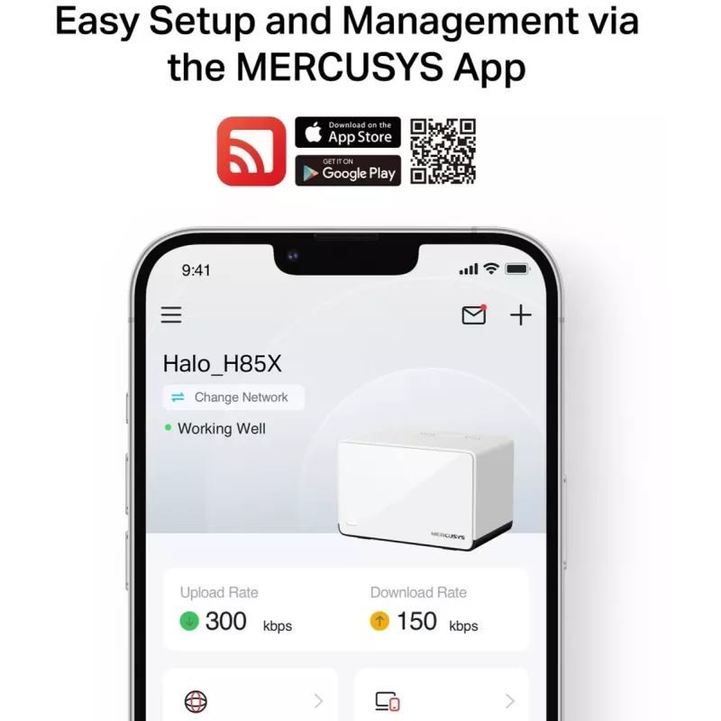 MERCUSYS Halo H85X maršruto parinktuvų rinkinys (3 vnt.), Dual-band Wi‑Fi 6 (802.11ax), 2,4/5 GHz, iki 2402 Mbps, 3 LAN prievadai, baltas