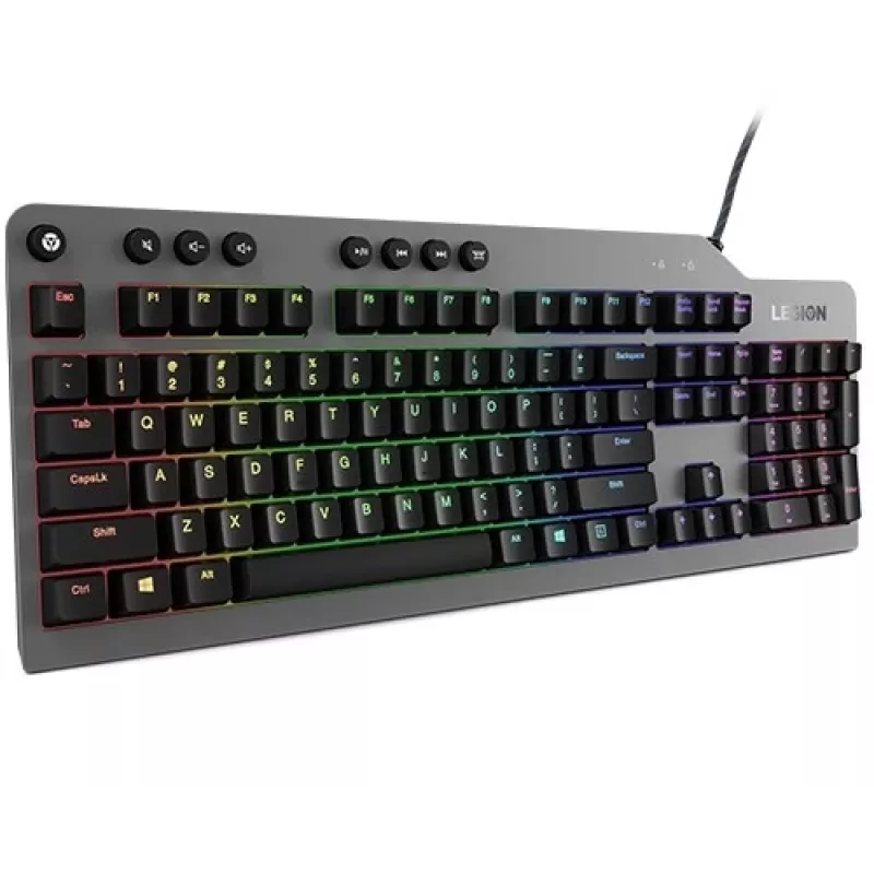 Mechaninė žaidimų klaviatūra Lenovo Legion K500 — pilno dydžio 104 klavišų USB, QWERTY JAV anglų, RGB apšvietimas, pilka/juoda