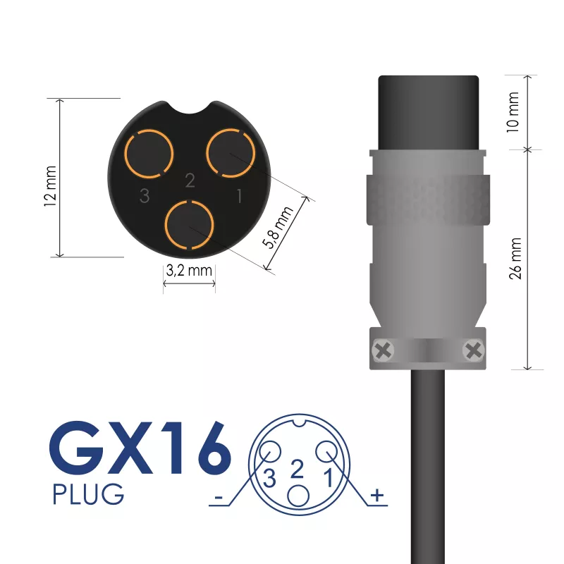 Akyga AK-EV-05 elektrinio dviračio įkroviklis 48 V akumuliatoriams, 54,6 V / 2 A, 110 W, GX16 12 mm lizdas, 1 m