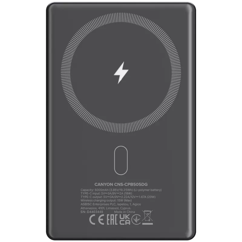 Canyon OnPower 505 – Powerbank 5000 mAh, USB-C PD 20W, belaidis įkrovimas su magnetu