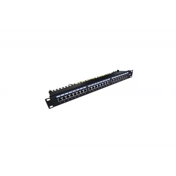 Patch Panel 19 colių 24 prievadai, CAT6, S/FTP, 1U, kabelio laikiklis, juodas