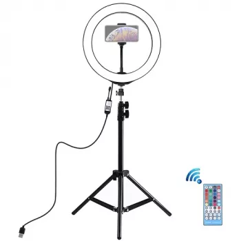 LED žiedinė šviesa 26 cm su trikoju stovu iki 1,1 m ir telefono laikikliu, USB