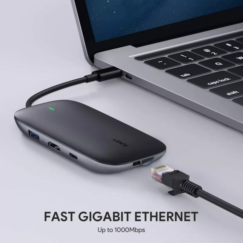 Dokavimo stotelė nešiojamam kompiuteriui AUKEY CB-C71 — 3x USB-C (USB 3.2 Gen1), HDMI, RJ-45, MicroSD, USB PD 100W, 0,15 m laidas, juoda