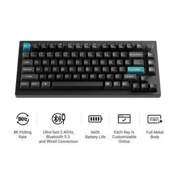 Mechaninė 75% klaviatūra Keychron Q1 Ultra 8K – USB + RF belaidis + Bluetooth, RGB, juoda