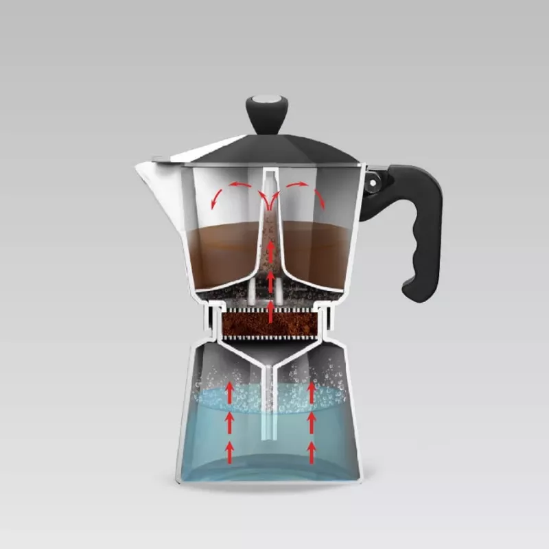 Moka puodas Maestro MR-1666-3-BLACK, rankinis 3 puodelių aliumininis kavos virimo aparatas, 150 ml, juodas