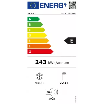 Šaldytuvas INDESIT INKS 1361 W4E1 | Energijos klasė E | Laisvai pastatomas | Kombinuotas | Aukštis 185,2 cm | Šaldytuvo talpa 223 L | Šaldiklio talpa 120 L | 38 dB | Baltas