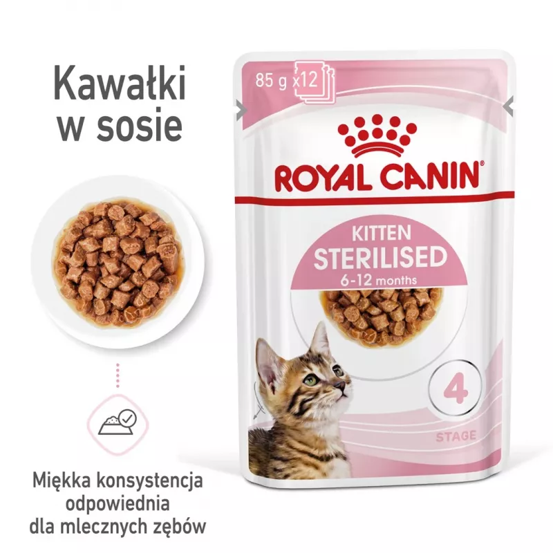 Šlapias kačių ėdalas Royal Canin Sterilised Gravy, 12 x 85 g pakeliai – vištiena, sterilizuotiems kačiukams