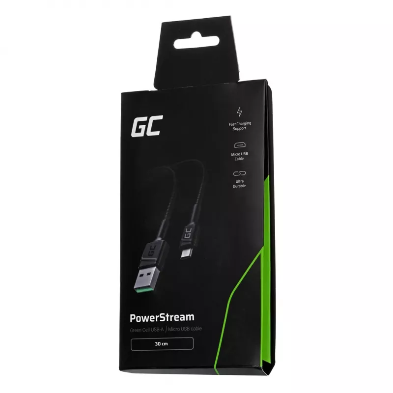 USB 2.0 kabelis Green Cell KABGC23, USB A į Micro-USB B, 0,3 m, juodas