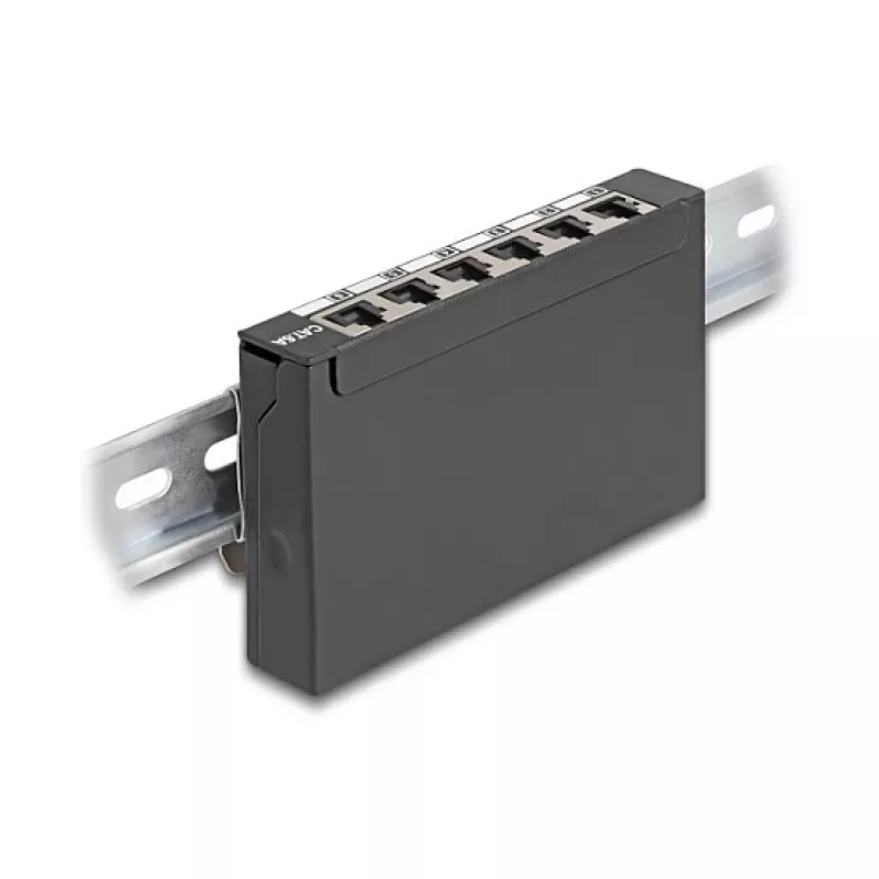 Pataisų skydelis DELOCK Mini Desktop RJ45 6 prievadų Cat.6A ekranuotas, metalinis, juodas, 80×22×125 mm