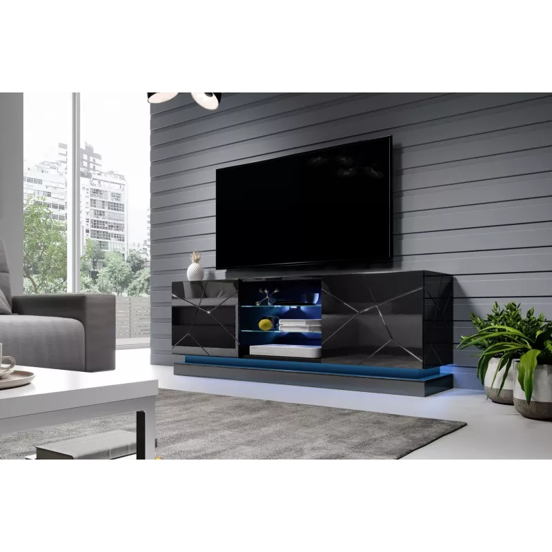 TV spintelė Cama meble QIU 160 – MDF juodas blizgesys, 1600×420×570 mm