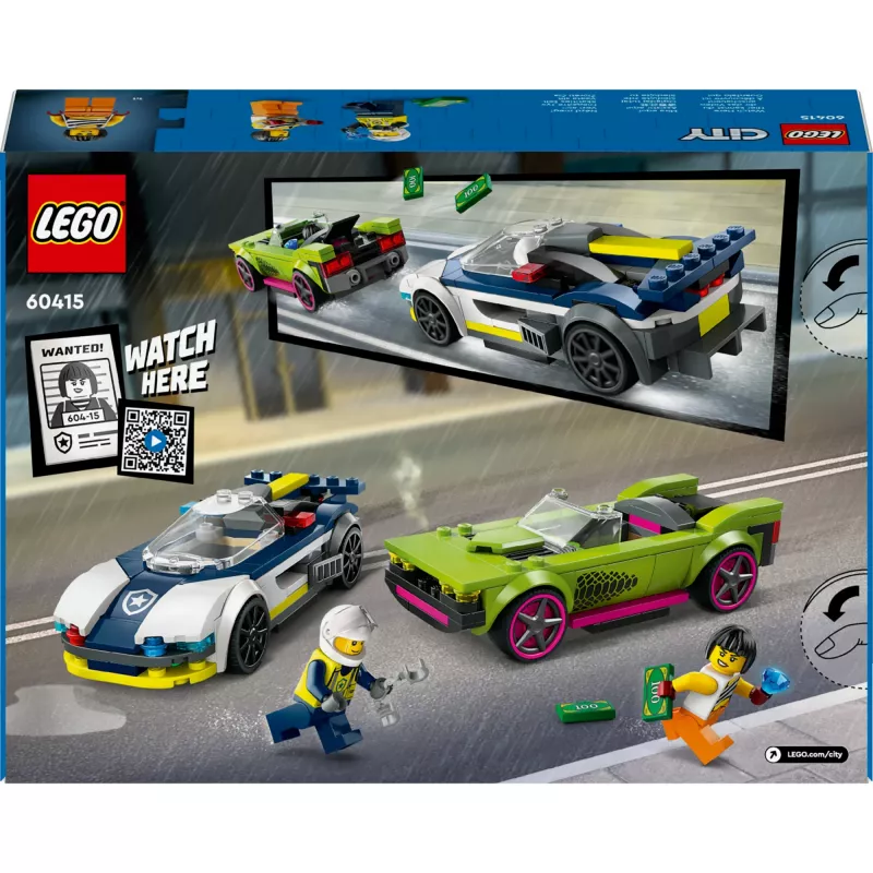 LEGO City policijos automobilio ir raketinio automobilio gaudynės 60415 – 213 dalių, 2 minifigūrėlės, nuo 6 metų