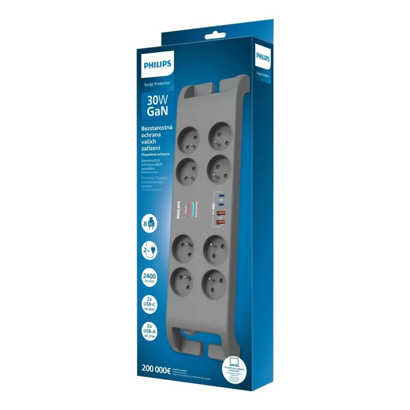 Philips apsauginis nuo viršįtampių ilgintuvas su 8 kištukiniais lizdais ir 4×USB