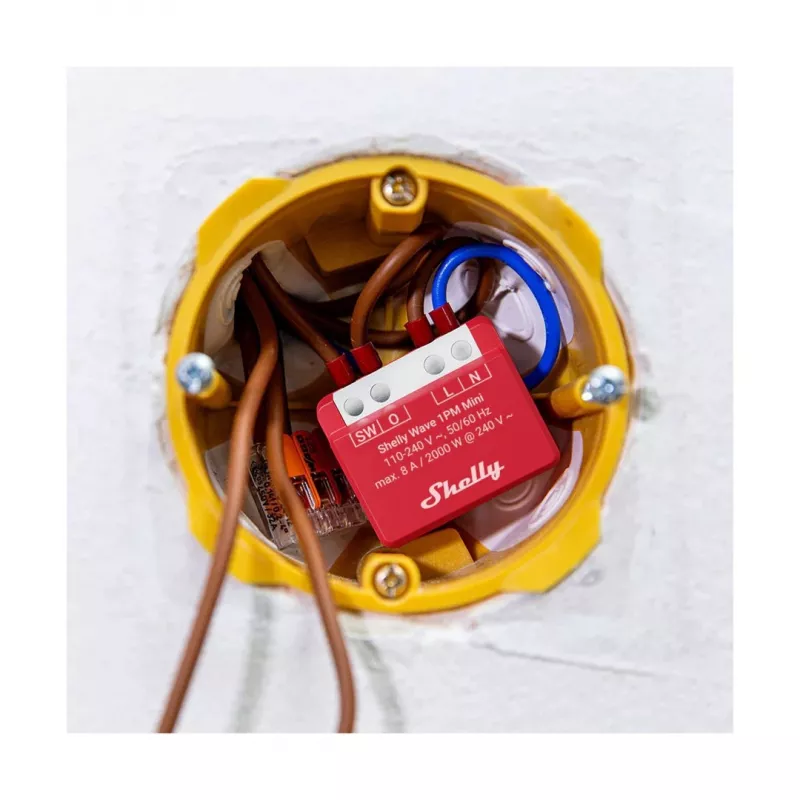 Sieninis išmanusis relė Shelly 1PM — vieno kanalo Z-Wave mini jungiklis, 110–240V, 8A, 2000W, 868.4 MHz