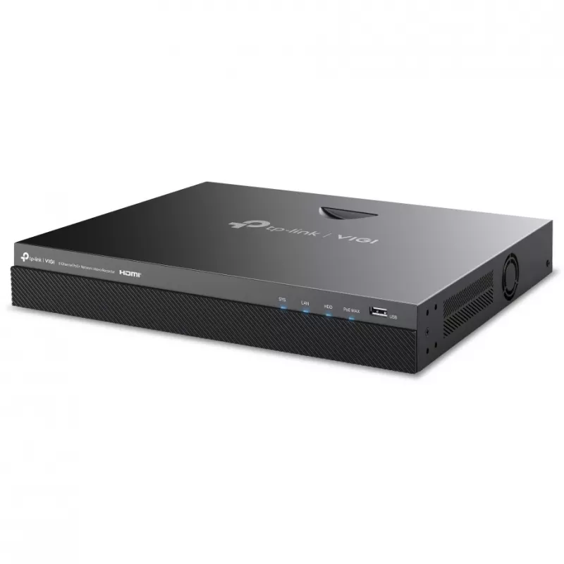 Tinklinis vaizdo registratorius TP-Link VIGI NVR2008H-8MP-2TB — 8 kanalų, 4K (3840×2160), 2 TB SATA kietasis diskas, 9× RJ-45, juodas