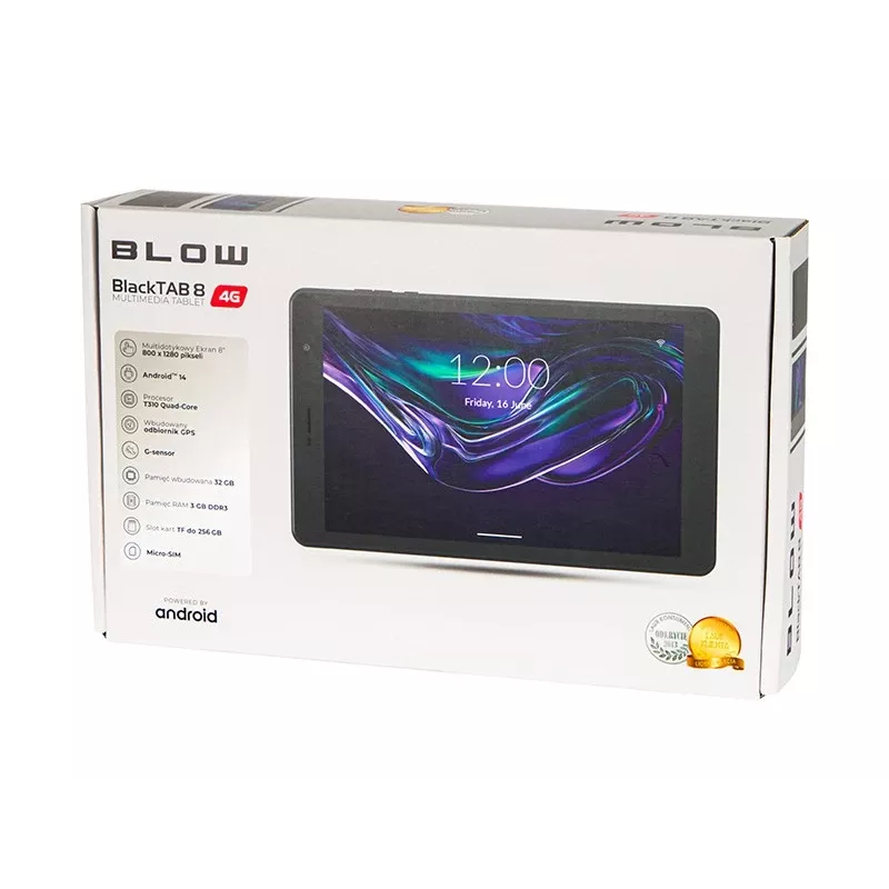 Planšetinis kompiuteris BLOW BlackTAB8 8 colių 4G LTE, 3GB RAM, 32GB eMCP, Android 14, IPS 1200×1920, MicroSD