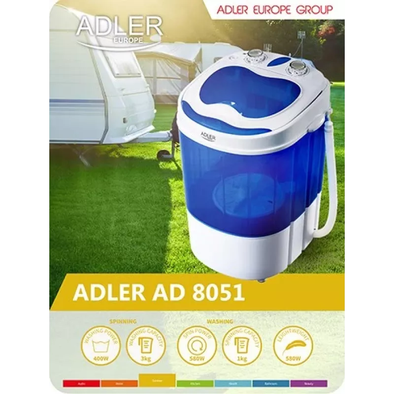 Adler AD 8051 Skalbimo mašina, 3 kg, 37 cm, balta/mėlyna