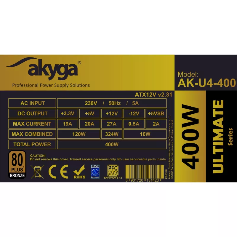 Akyga AK-U4-400 Ultimate 400 W ATX maitinimo blokas, 80 PLUS Bronze, aktyvusis PFC, 120 mm ventiliatorius