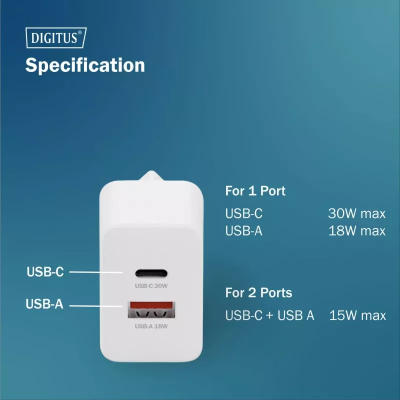 AC vidinis USB GaN įkroviklis DIGITUS DA-10301 — 30W, 1× USB-C, 1× USB-A, 100–240V, baltas